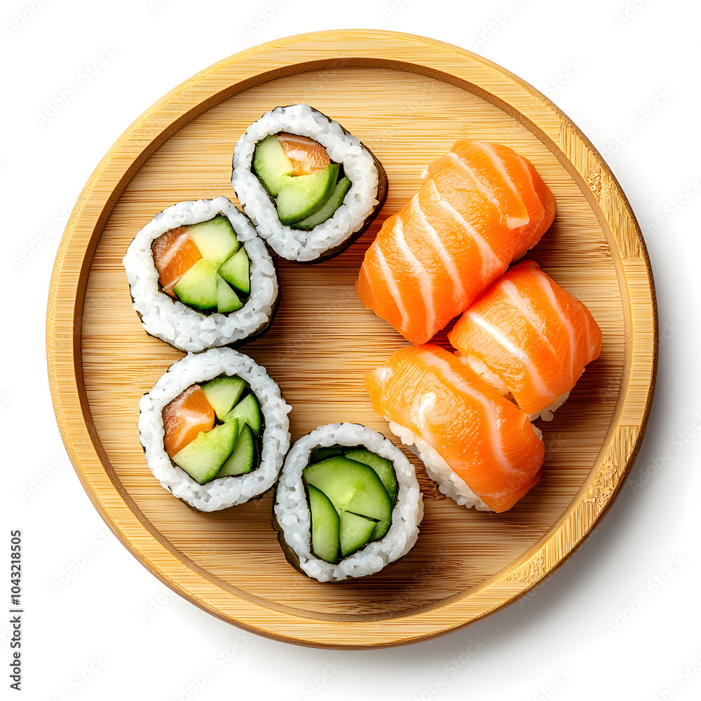 Top view Sushi with salmon, cucumber, avocado on round bamboo plate isolated on white background Top view Sushi with salmon, cucumber, avocado on round bamboo plate isolated on white background