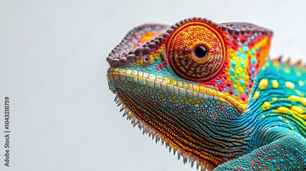 Naklejka premium Close-up of a colorful chameleon's face against a white background.