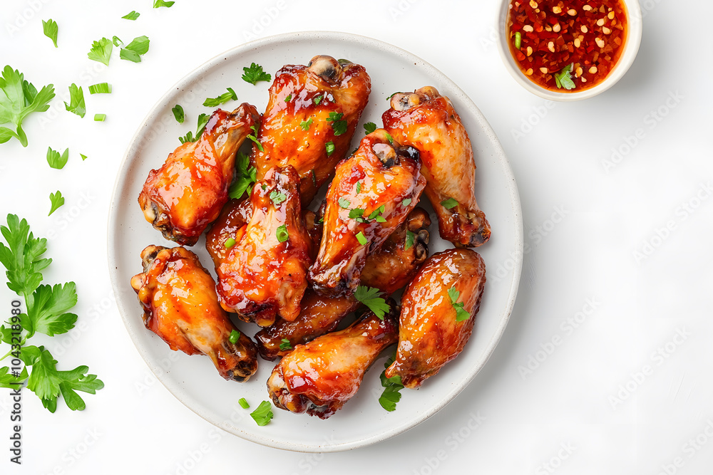Top view of Baked wings in sweet and sour sauce isolated on white background Top view of Baked wings in sweet and sour sauce isolated on white background