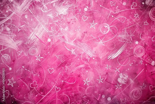 High angle pink abstract background with white and black scribbles and shapes