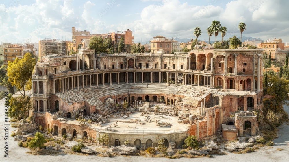Obraz premium Ruins of an ancient amphitheater with a stone stage, surrounded by crumbling walls and overgrown vegetation.