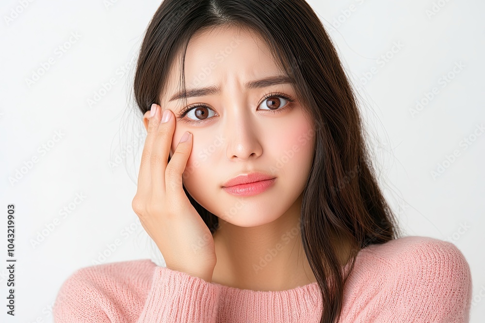 Face expression suffering from sensitive teeth, Asian young woman touching cheek, Generative AI Face expression suffering from sensitive teeth, Asian young woman touching cheek, Generative AI