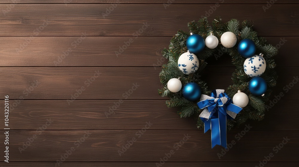 Fototapeta premium Elegant blue and white christmas wreath decorated with ornaments and ribbon on wooden background