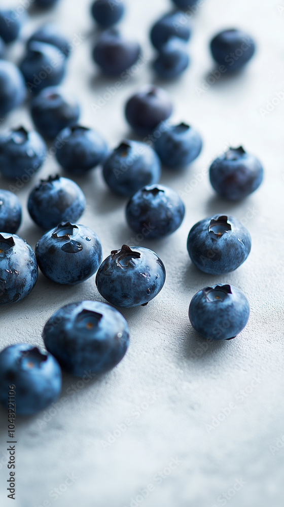 Fresh blueberries scattered on light surface, close-up. Fresh blueberries scattered on light surface, close-up.