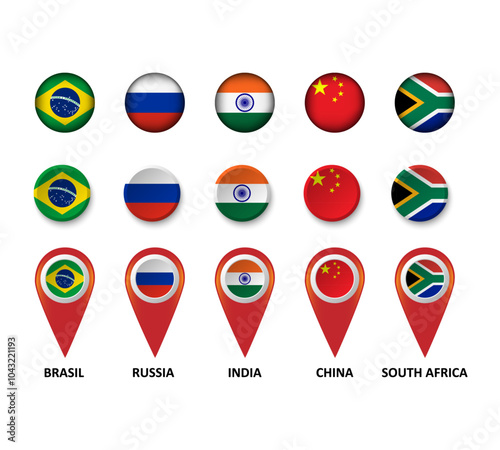 badge and pin of brazil, russia, india, china and south africa with flag country on white background for icon logo web graphic. vector illustration.