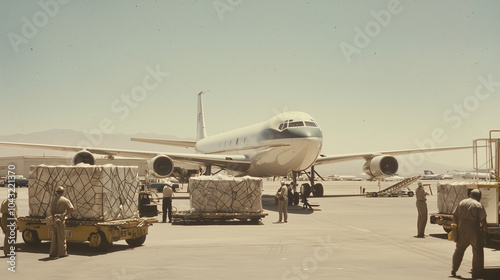 Baggage Handlers Loading Cargo at Airplane Tarmac photo