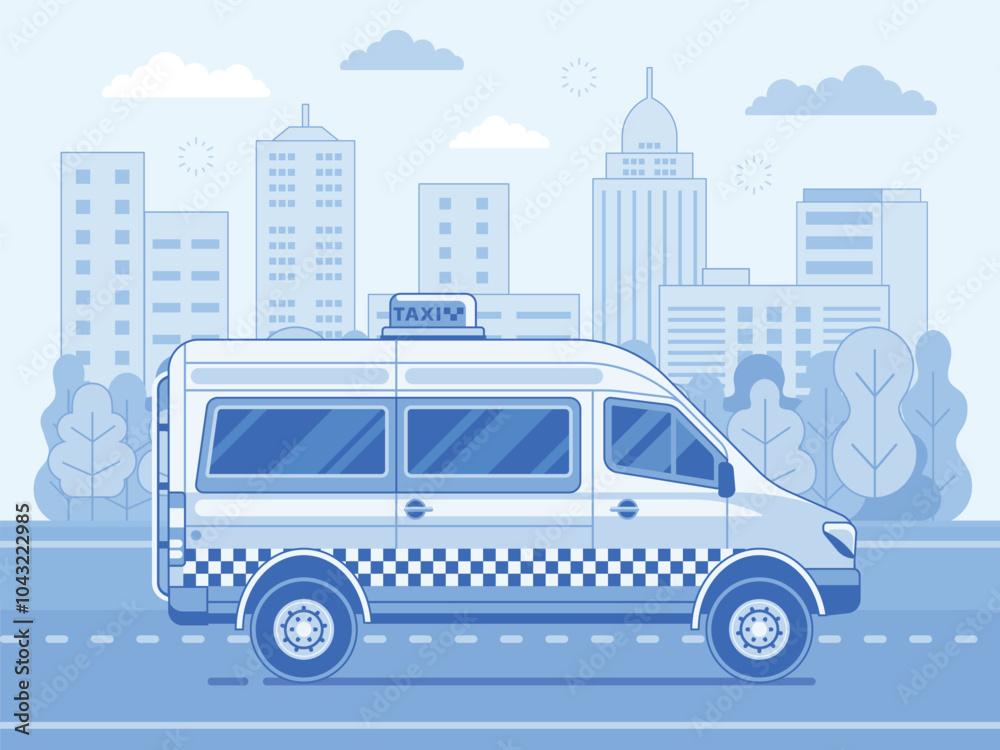 Taxi Van on Downtown Road in Line Art