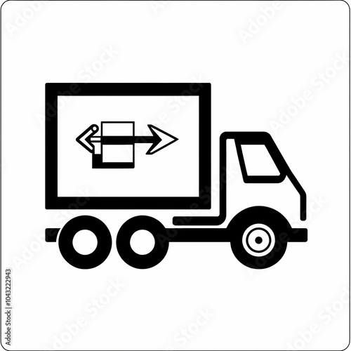 Black and white silhouette of a delivery truck with an arrow pointing right inside the truck bed.