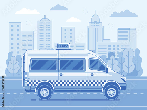 Obraz na płótnie Taxi Van on Downtown Road in Line Art w salonie