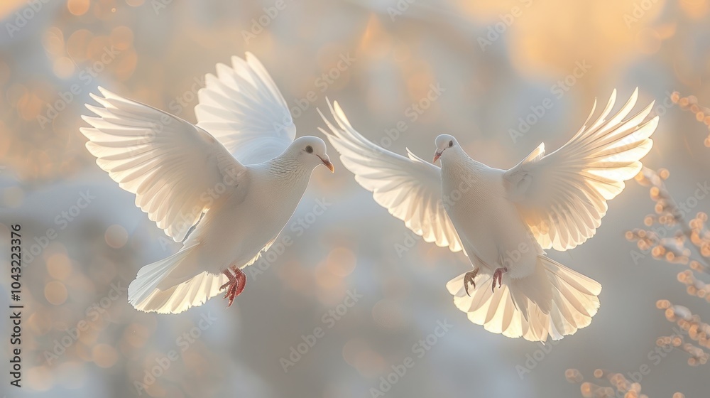 Obraz premium Two graceful white doves captured mid-flight in a golden glow during dusk, symbolizing peace and love. Generative AI