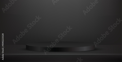 Abstract realistic cylinder pedestal podium 3d shape design. Blank stage empty space room. Minimal studio display showroom concept scene products display, stage showcase presentation. Vector
