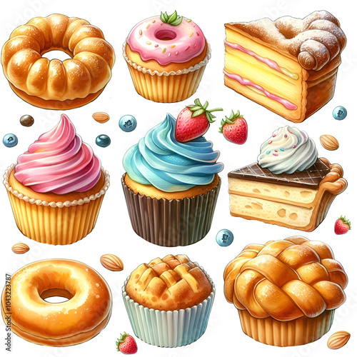 Set of cupcakes, cake, donut
