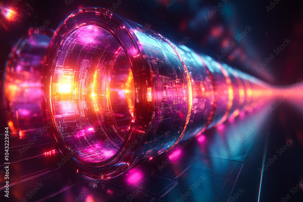 Obraz premium A vibrant tunnel filled with glowing, colorful circuits, representing the pathway of information flow and technological progress.