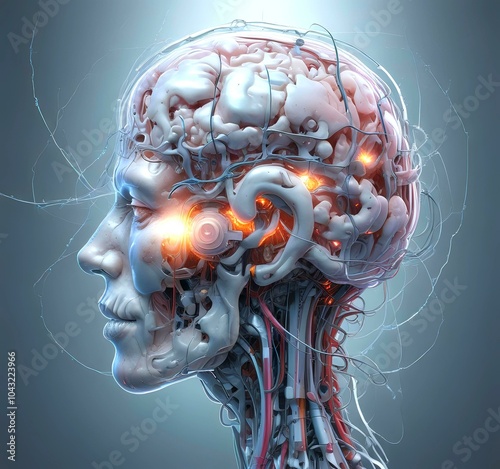 Illustration of cyborg head with human brain and electric connections. photo