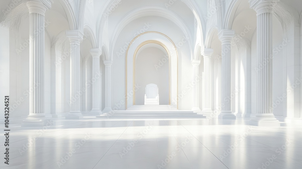 Empty grand hall with a white throne at the center, softly lit by natural light, creating a calm and majestic atmosphere fit for royalty.