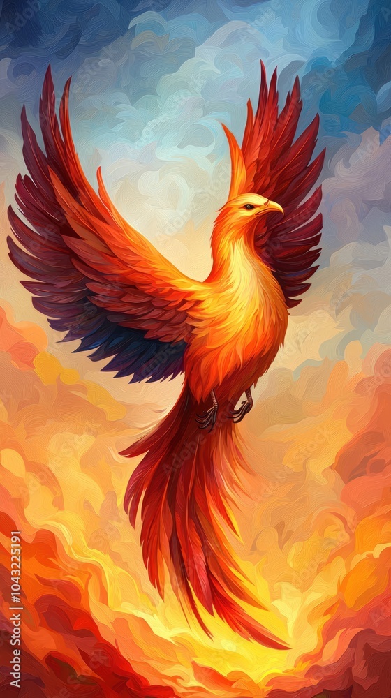 A vibrant phoenix soars through a colorful sky, embodying themes of rebirth and hope amidst a backdrop of fiery clouds. A vibrant phoenix soars through a colorful sky, embodying themes of rebirth and hope amidst a backdrop of fiery clouds.