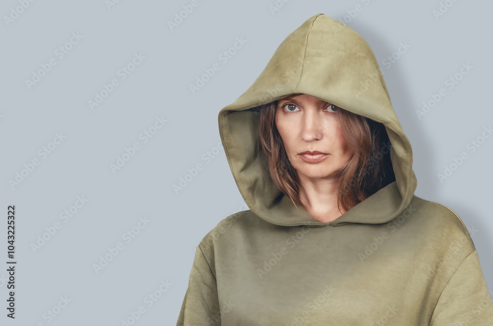 Mysterious sad woman with big eyes in hood. Serious sad look of woman with hood. Gray background.