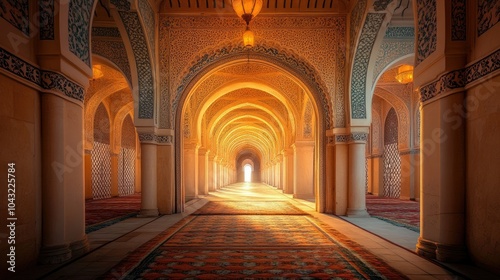 Intricate Arab archway leading to a beautiful mosque, the scene exuding cultural richness and peaceful ambiance under soft lighting.