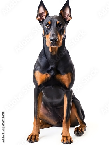 Doberman sitting, isolated on white background