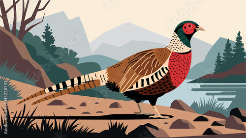 Colorful Pheasant in Scenic Nature Landscape Illustration