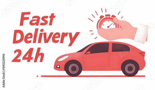 Fast delivery 24 hours with a red car driving on a red line. photo