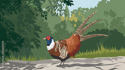 Colorful Pheasant in Scenic Nature Landscape Illustration