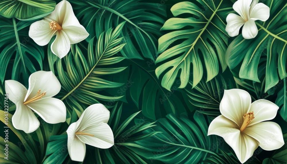 Lush tropical foliage with white flowers. Lush tropical foliage with white flowers.