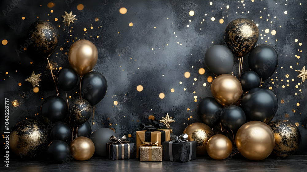 Black and Gold Balloons and Gifts on a Black Background - Abstract Background Black and Gold Balloons and Gifts on a Black Background - Abstract Background
