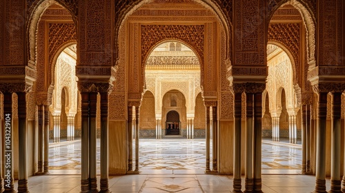 Serene view through an Arab archway, leading to a majestic mosque, framed by intricate architectural details and soft lighting.