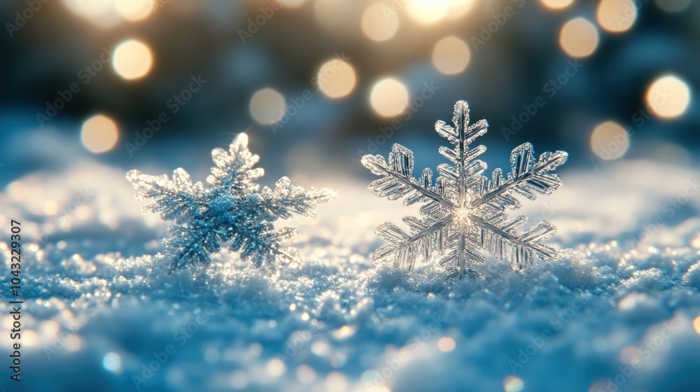 Two intricate snowflakes rest in the snow, with bokeh lights in the background, creating a magical winter scene.