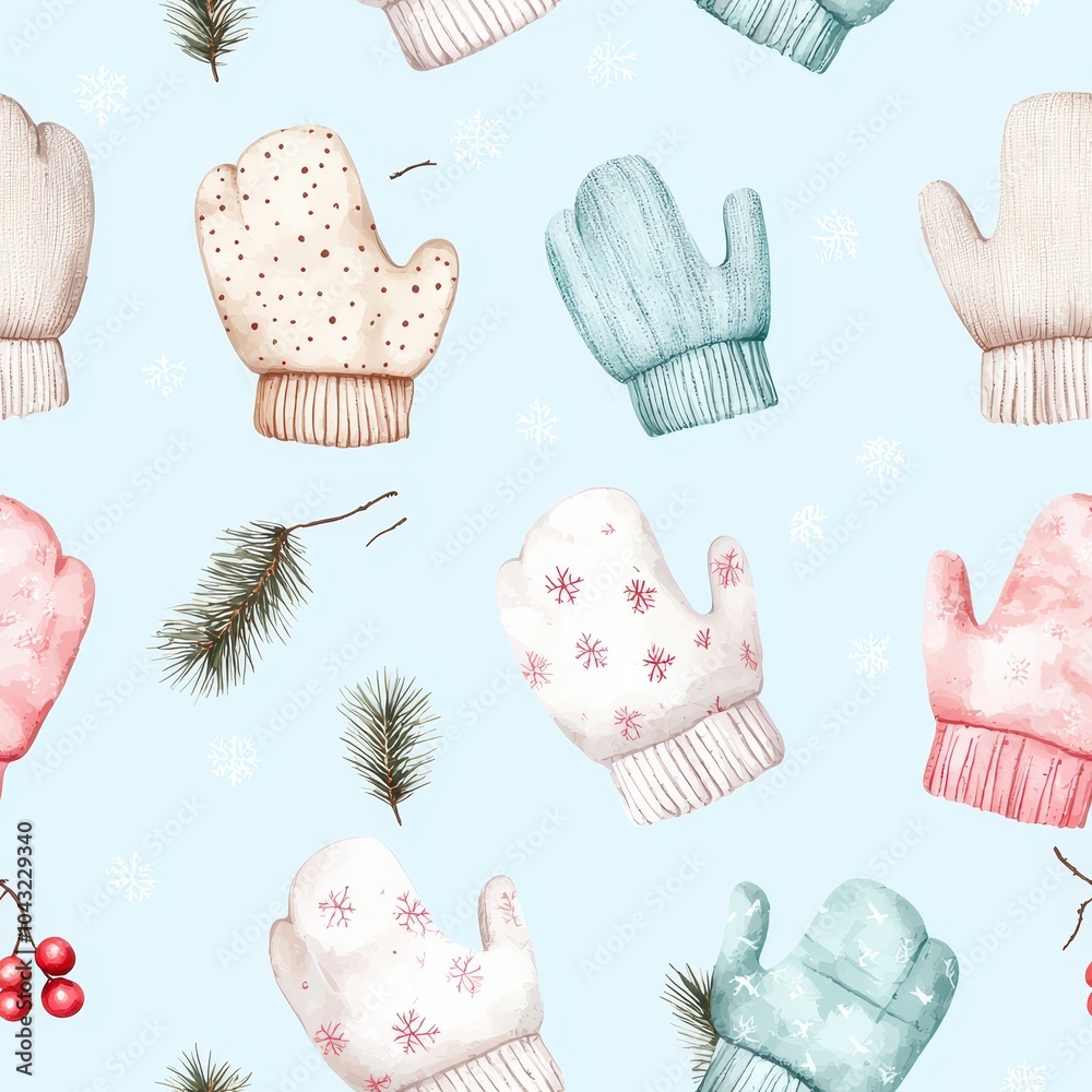 Colorful winter mittens pattern on a light blue background. Colorful winter mittens pattern on a light blue background.