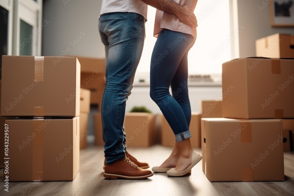 A couple embraces in a cozy room surrounded by cardboard boxes during their moving day in the afternoon sunlight A couple embraces in a cozy room surrounded by cardboard boxes during their moving day in the afternoon sunlight