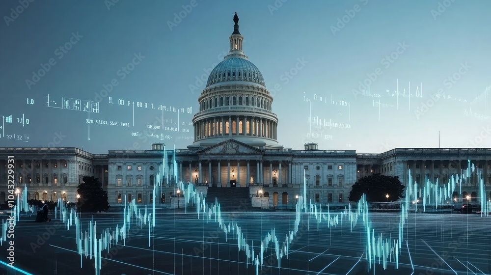 Obraz premium The Capitol Building overlaid with stock market charts and financial data, showcasing political influence on market trends in a modern design.