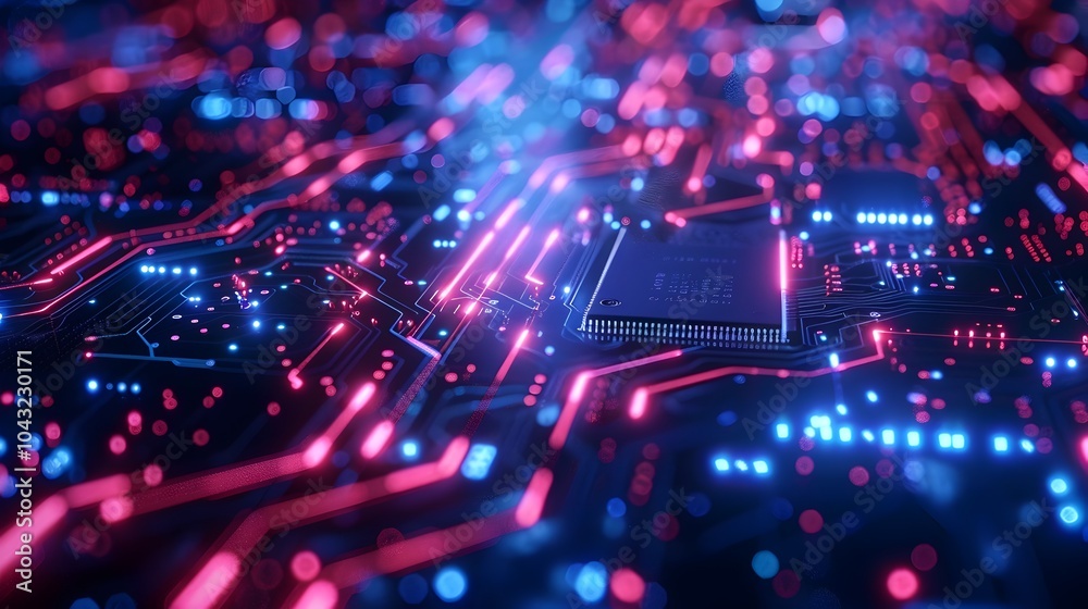 Futuristic Microchip Data Analysis in Blue Neon Depth of Field Backdrop Futuristic Microchip Data Analysis in Blue Neon Depth of Field Backdrop