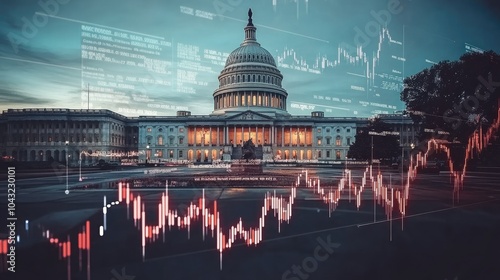 The Capitol Building overlaid with stock market charts and financial data, showcasing political influence on market trends in a modern design.