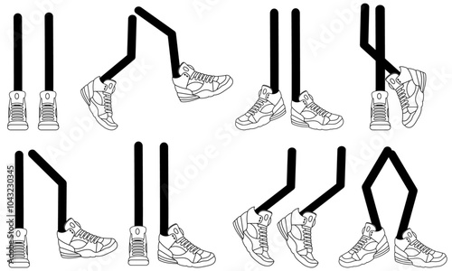 Cartoon set of feet and legs with fashionable basketball shoes isolated on a transparent background