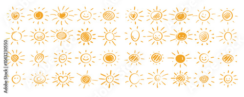 hand drawn sun icons with different face expressions, smirk smile giggle laugh