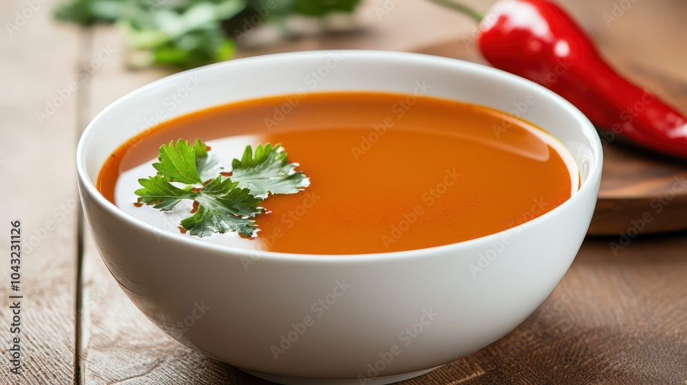 Bold and flavorful soup broth infused with exotic spices, beautifully garnished for a vibrant presentation. Bold and flavorful soup broth infused with exotic spices, beautifully garnished for a vibrant presentation.