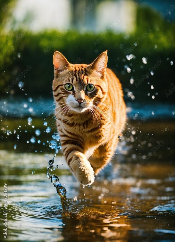 A beautiful cat running or walking in water with steady slow motion A beautiful cat running or walking in water with steady slow motion