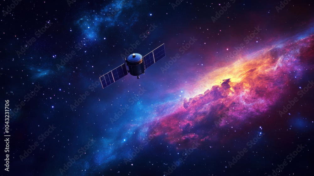 Obraz premium lone satellite positioned against backdrop of vibrant galaxy, showcasing beauty of space exploration and mysteries of universe