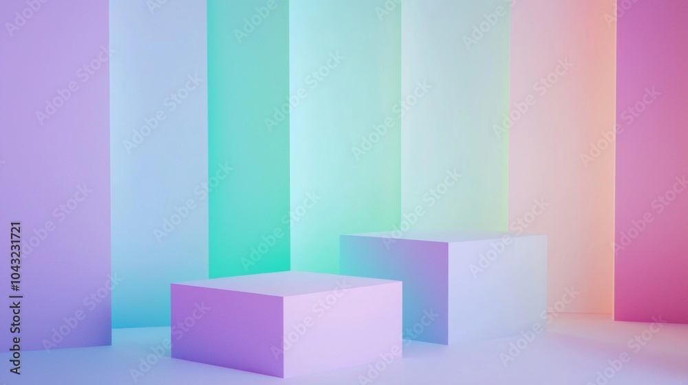 Two empty square podiums are standing on pastel colored background with vertical stripes of pink, blue and green, perfect for placing products for advertisement Two empty square podiums are standing on pastel colored background with vertical stripes of pink, blue and green, perfect for placing products for advertisement
