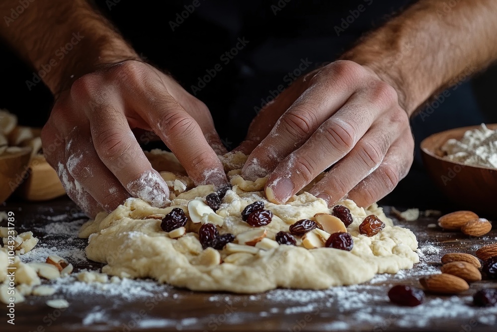 baking bread concept, kneading dough with raisins and almonds on floured wooden surface, with space for text in background baking bread concept, kneading dough with raisins and almonds on floured wooden surface, with space for text in background