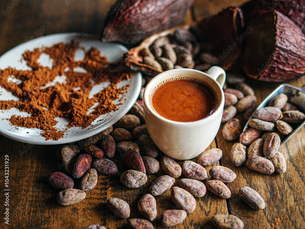 Hot chocolate drink,cocoa drink and natural cocoa powder with brown cocoa beans and dry cacao pod on a vintage wooden table. Hot chocolate drink,cocoa drink and natural cocoa powder with brown cocoa beans and dry cacao pod on a vintage wooden table.