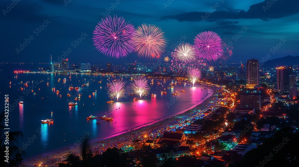 Fototapeta premium A breathtaking display of colorful fireworks lighting up the night sky over Pattaya Beach during the International Fireworks Festival.