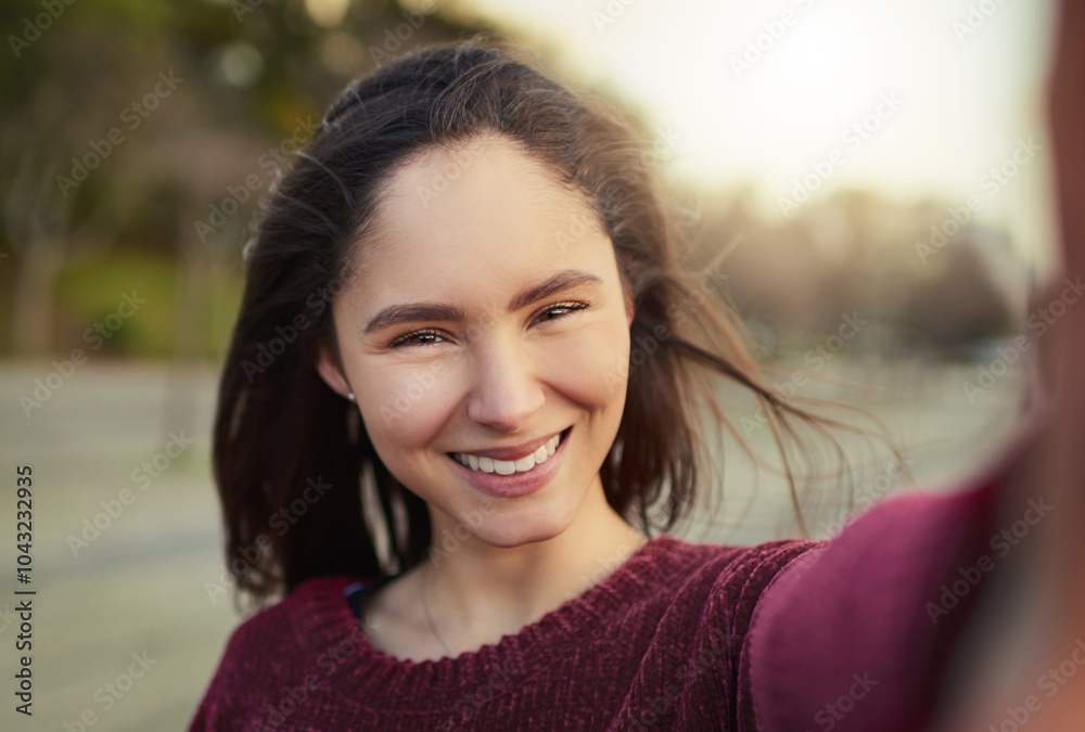 Woman, portrait and selfie with smile in nature for travel adventure, happy memory or profile picture update. Girl, excited person or photography in road outdoor for holiday trip or social media post Woman, portrait and selfie with smile in nature for travel adventure, happy memory or profile picture update. Girl, excited person or photography in road outdoor for holiday trip or social media post