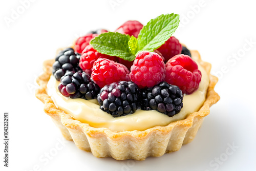 Fresh fruit tart topped with cream and fresh berries isolated on white background