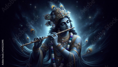 image of Krishna playing the flute on a dark background of outer space