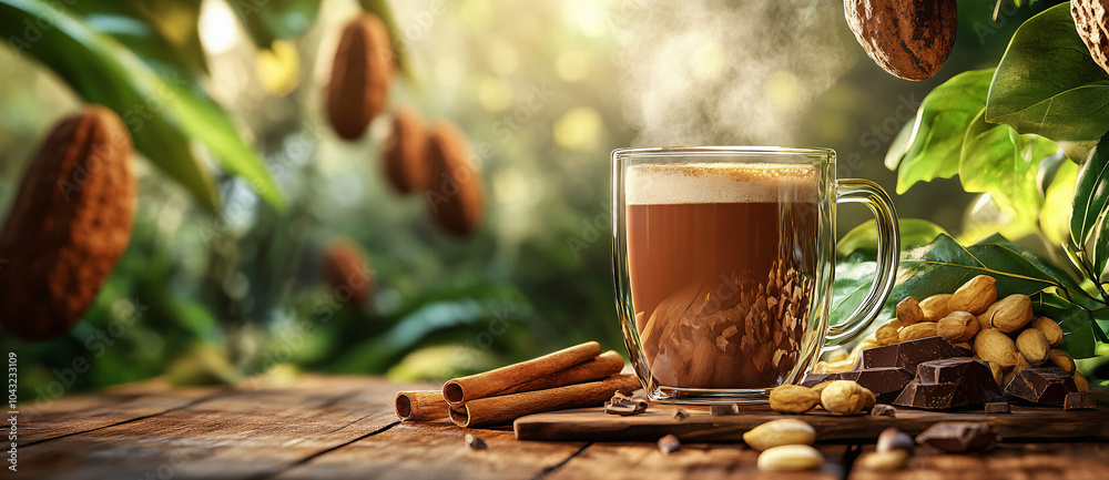 A glass cup of hot chocolate with cinnamon sticks. nuts and chocolate on cocoa plant background. Suitable for marketing or business purposes. Panoramic banner with place for text A glass cup of hot chocolate with cinnamon sticks. nuts and chocolate on cocoa plant background. Suitable for marketing or business purposes. Panoramic banner with place for text