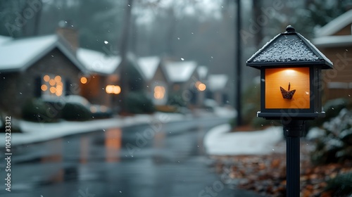 Cozy neighborhood street lined with twinkling Christmas lights snow dusting the rooftops warm glow of windows casting a soft luminance vintage lampposts casting long shadows