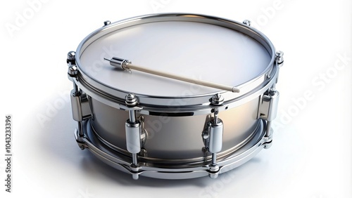 High angle view of a marching drum with drum sticks isolated on white background